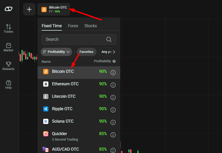 You can trade forex pairs, crypto, indices, or OTC assets. Each has different payout rates and volatility levels.