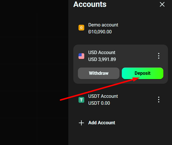 You will find the green "Deposit" button at the top right corner of your trading dashboard. Click it. You will be redirected to the payment methods page.